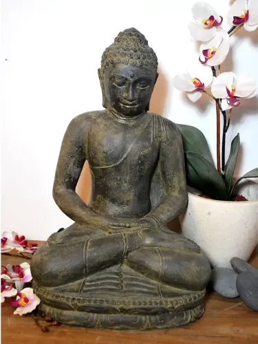 Product image of the product “Sitting buddha - India, cast stone, handcrafted & coloured, in the sizes from 20cm to 240cm, Antique finish ”